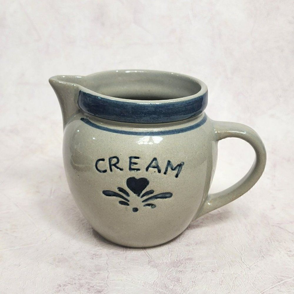 Vintage 4" Salt‎ Glazed Pottery Stoneware Home Sweet Home Cobalt Blue Creamer